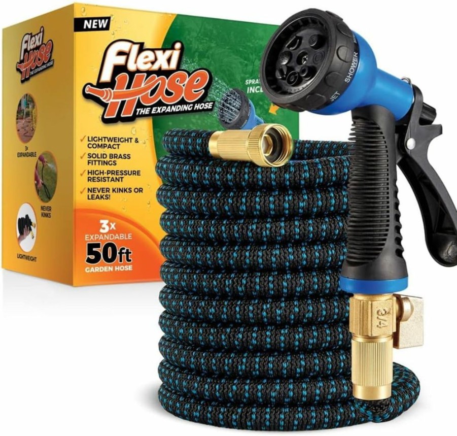 Flexi Hose | Flexi Hose With 8 Function Nozzle, Lightweight Expandable Garden Hose, No-Kink Flexibility, 3/4 Inch Solid Brass Fittings And Double Latex Core