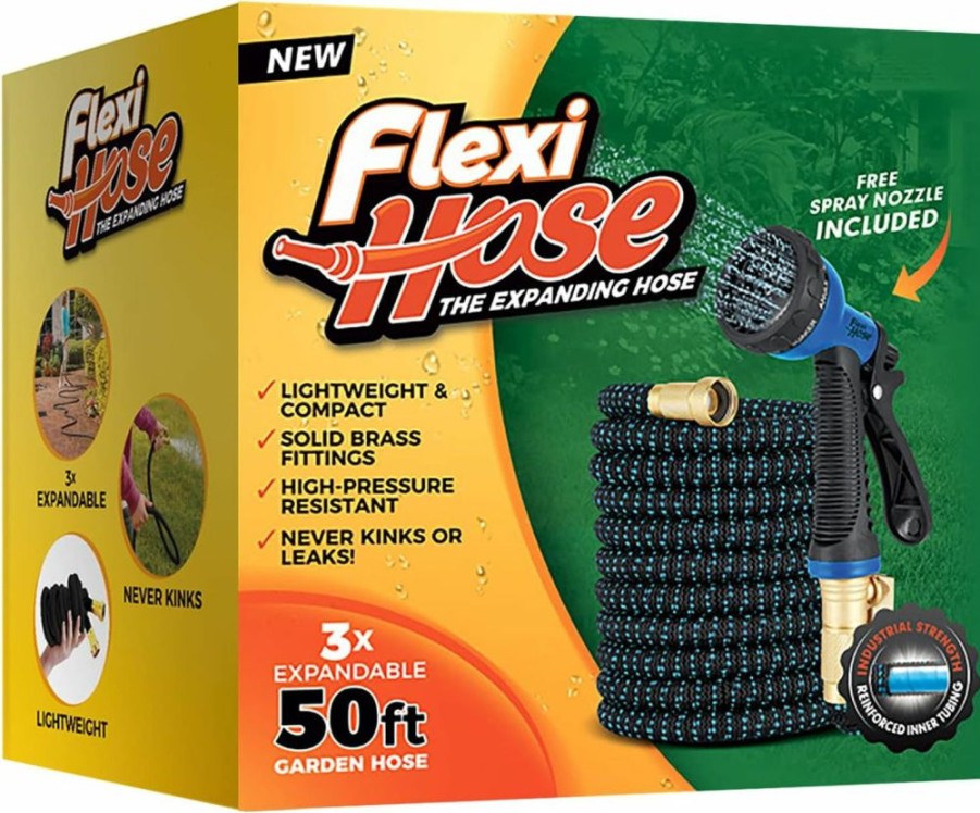 Flexi Hose | Flexi Hose With 8 Function Nozzle, Lightweight Expandable Garden Hose, No-Kink Flexibility, 3/4 Inch Solid Brass Fittings And Double Latex Core