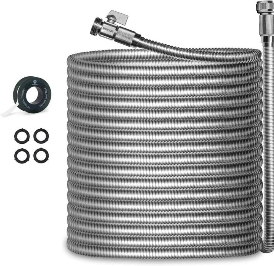 Morvat | Morvat Heavy Duty 100 Foot Stainless Steel Garden Hose With All Brass Shut-Off Valve, Kink And Tangle Free, Crush And Puncture Resistant, Includes Roll Of Teflon Tape And Extra Washers