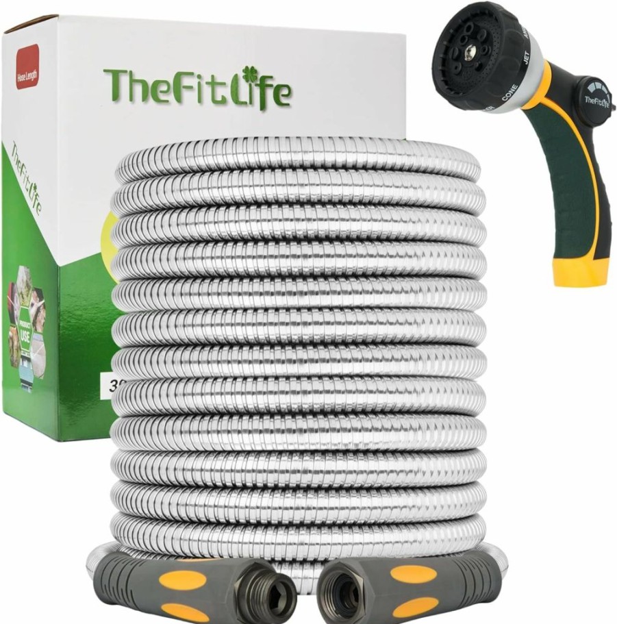 TheFitLife | Thefitlife Flexible Metal Garden Hose - 25 Ft Lightweight Stainless Steel Water Hose With Solid Fittings And Sprayer Nozzle - Leak Proof, Kink Free, Anti-Rust, Large Diameter, Durable And Easy Storage