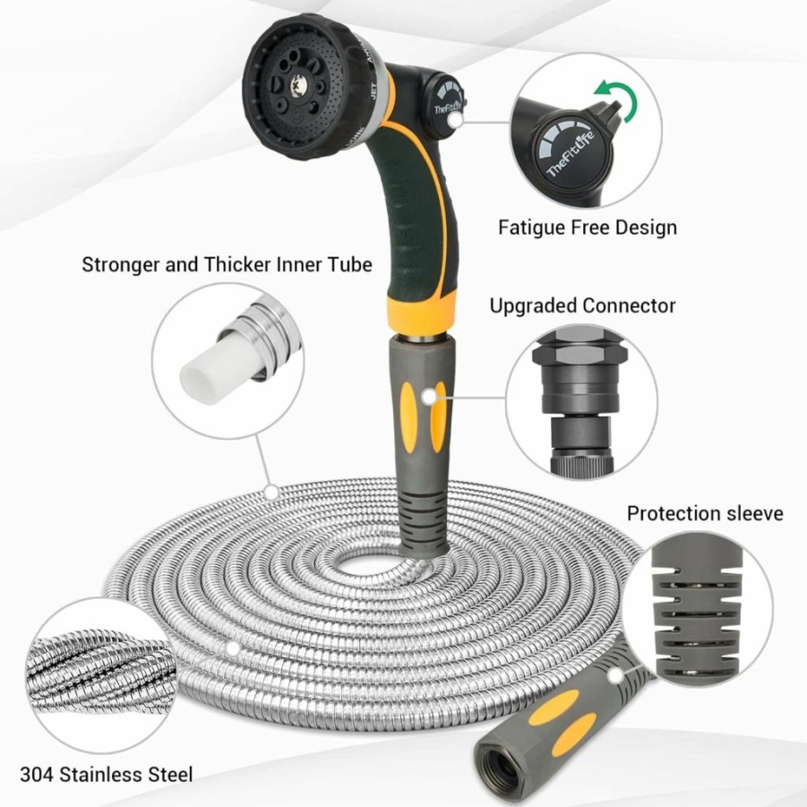 TheFitLife | Thefitlife Flexible Metal Garden Hose - 25 Ft Lightweight Stainless Steel Water Hose With Solid Fittings And Sprayer Nozzle - Leak Proof, Kink Free, Anti-Rust, Large Diameter, Durable And Easy Storage