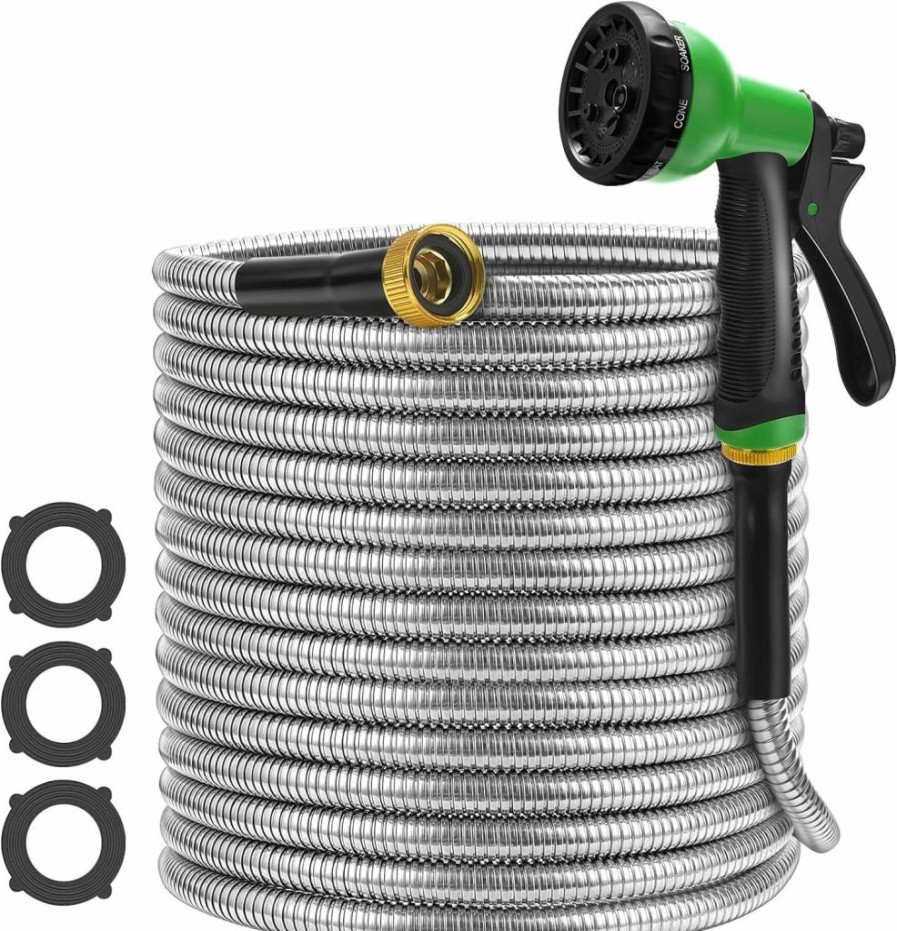 SNEZHANA | Snezhana 50Ft Metal Garden Hose, Heavy Duty Stainless Steel Water Hose With Flexible And Non Kink, Resistant Puncture, Leak Proof And 8 Function Sprayers, Perfect For Outdoor, Yard, Rv