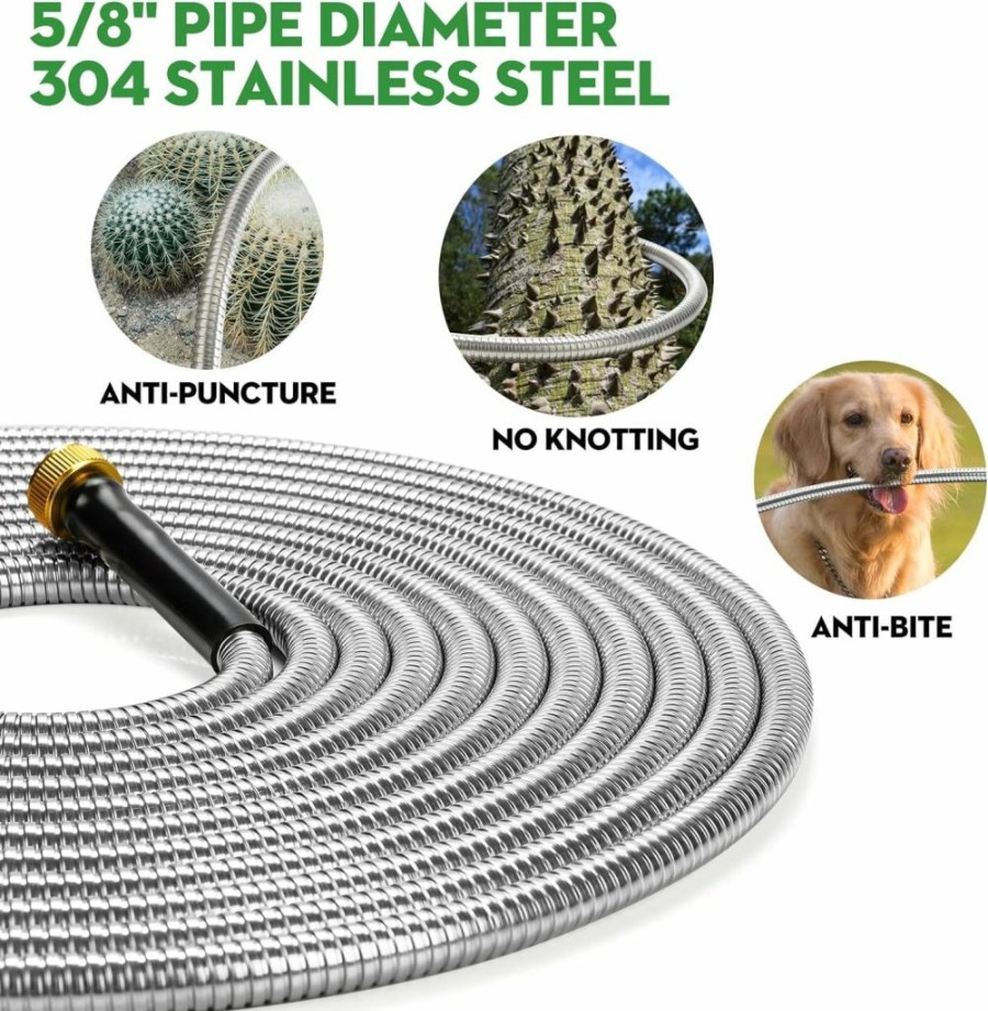 SNEZHANA | Snezhana 50Ft Metal Garden Hose, Heavy Duty Stainless Steel Water Hose With Flexible And Non Kink, Resistant Puncture, Leak Proof And 8 Function Sprayers, Perfect For Outdoor, Yard, Rv