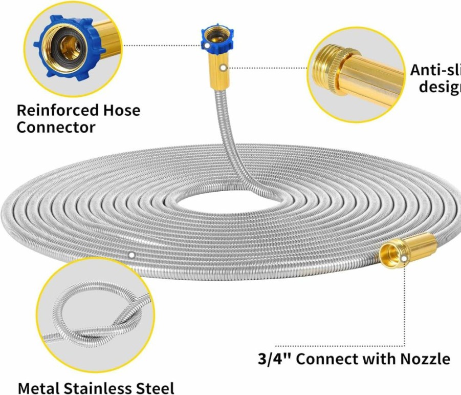 TUNHUI | Tunhui 304 Stainless Steel Garden Hose With Brass Nozzle 100Ft Outdoor Hose, 7 Function Spray Gun Solid Metal Fittings Water Hose Flexible Durable Kink Free And Easy To Store