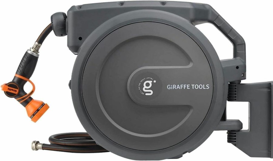 Giraffe Tools | Giraffe Tools Aw25 1/2Mb Retractable Garden Hose Reel 1/2\" X 78 Ft Pro Metal Bracket, Heavy Duty, Any Length Lock Hose Reel, 78Ft, Dark Grey