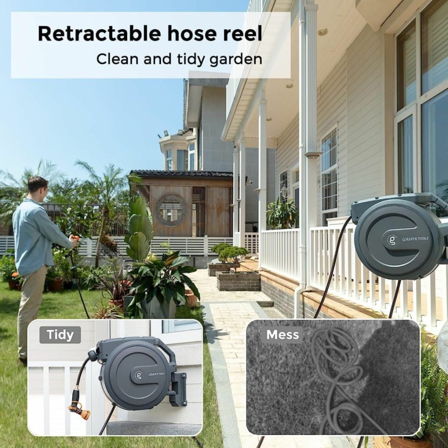 Giraffe Tools | Giraffe Tools Aw25 1/2Mb Retractable Garden Hose Reel 1/2\" X 78 Ft Pro Metal Bracket, Heavy Duty, Any Length Lock Hose Reel, 78Ft, Dark Grey