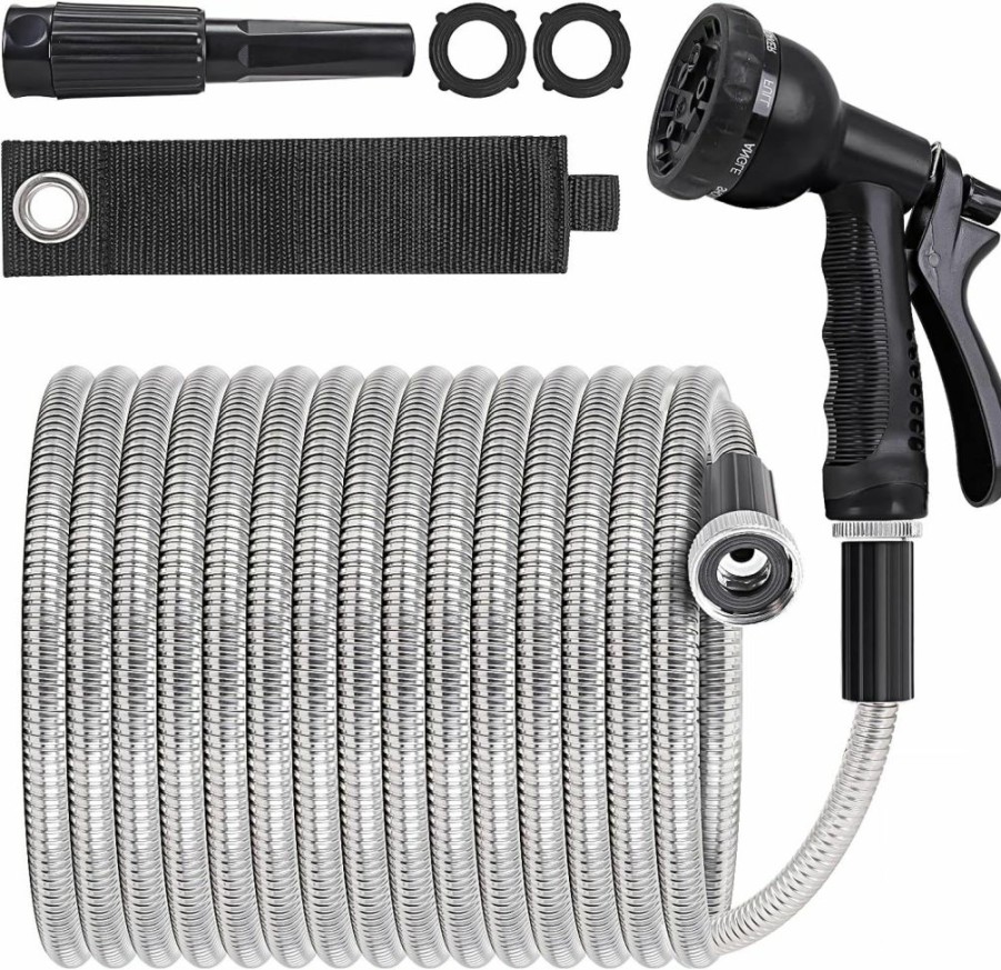 AMLEGEN | Amlegen Metal Water Garden Hose 25Ft - Heavy Duty Stainless Steel, 8-Function Sprayer & Adjustable Nozzle, Lightweight & Flexible, Tangle Free & Kink Free, Dog Proof, For Lawn/Yard/Outdoor/Rv