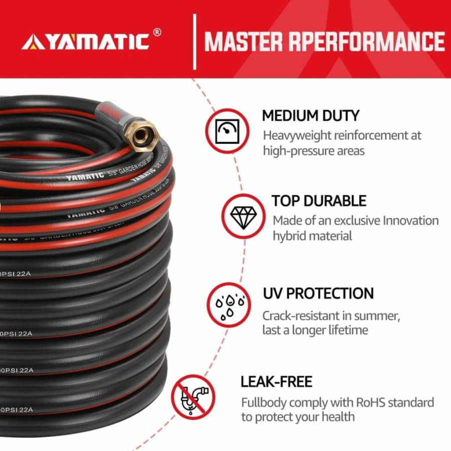 YAMATIC | Yamatic Garden Hose 50 Ft,Ultra Durable Water Hose, 5/8 Inch Premium Hose With Solid Brass Connector For All-Weather Outdoor, Car Wash, Lawn, Red