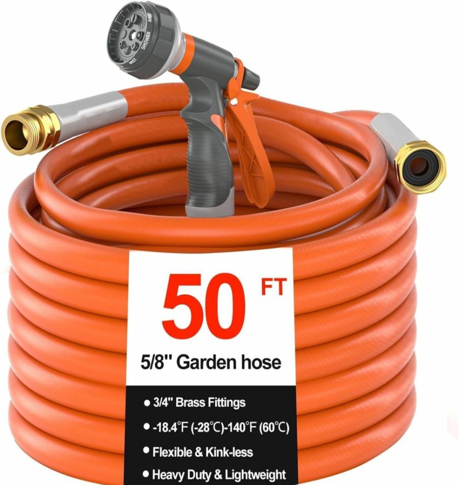 GLOSHOOTING | 50 Ft Garden Hose 50Ft Water Hose Heavy Duty 5/8 In. Flexible & Lightweight | 600 Burst Psi | 8 Function Nozzle | 3/4\" Brass Fittings | Kink-Less Hybrid Rubber Hose For Garden Yard Outdoor Watering