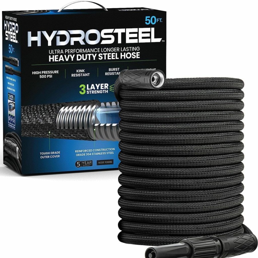 EMSON | Hydrosteel Metal Garden Hose 100 Ft Water Hose, 3-Layer Heavy Duty Stainless Steel Flexible Garden Hose With Nozzle Included, Lightweight, Easy To Coil, Crush/Kink Resistant, 500 Psi As Seen On Tv