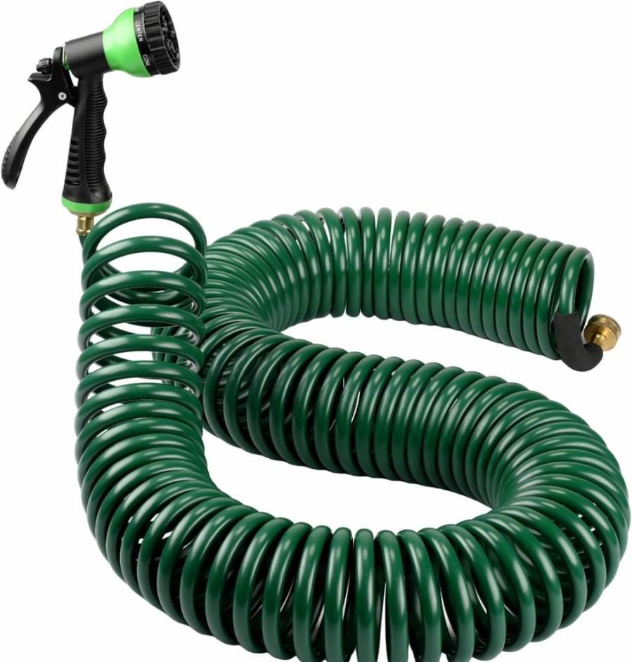 Therwen | Therwen 75.5 Ft Heavy Duty Eva Green Recoil Garden Hose Curly Water Hose With 7 Pattern Spray Nozzle And Brass Connectors For Garden Watering Cars Washing, Green