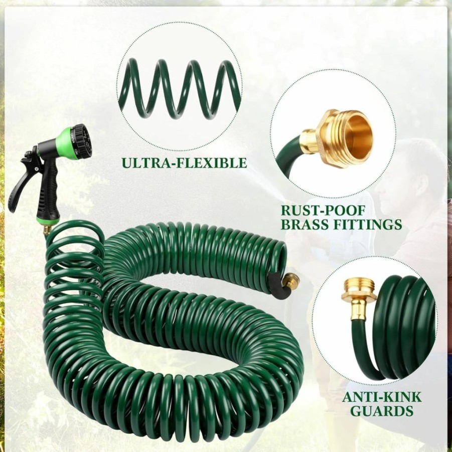 Therwen | Therwen 75.5 Ft Heavy Duty Eva Green Recoil Garden Hose Curly Water Hose With 7 Pattern Spray Nozzle And Brass Connectors For Garden Watering Cars Washing, Green