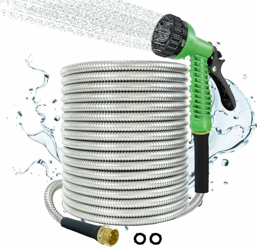 HOPITU | Hopitu 304 Metal Garden Hose 75Ft, Heavy Duty Water Hose With Sprayer Nozzle - Leak Proof, Kink Free, Anti-Rust, 5/8\" Diameter Steel Hose, Ultra Lightweight & Durable Outdoor Hose