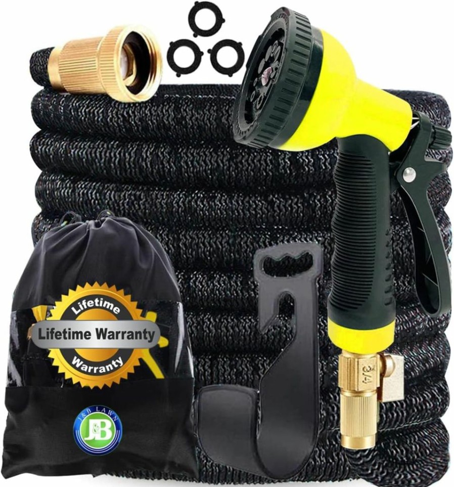 J&B | J&B Xpandahose 75Ft Expandable Garden Hose With Holder - Heavy Duty Superior Strength 3750D - 4 -Layer Latex Core - Extra Strong Brass Connectors And 10 Spray Nozzle W/Storage Bag (Blue 75)