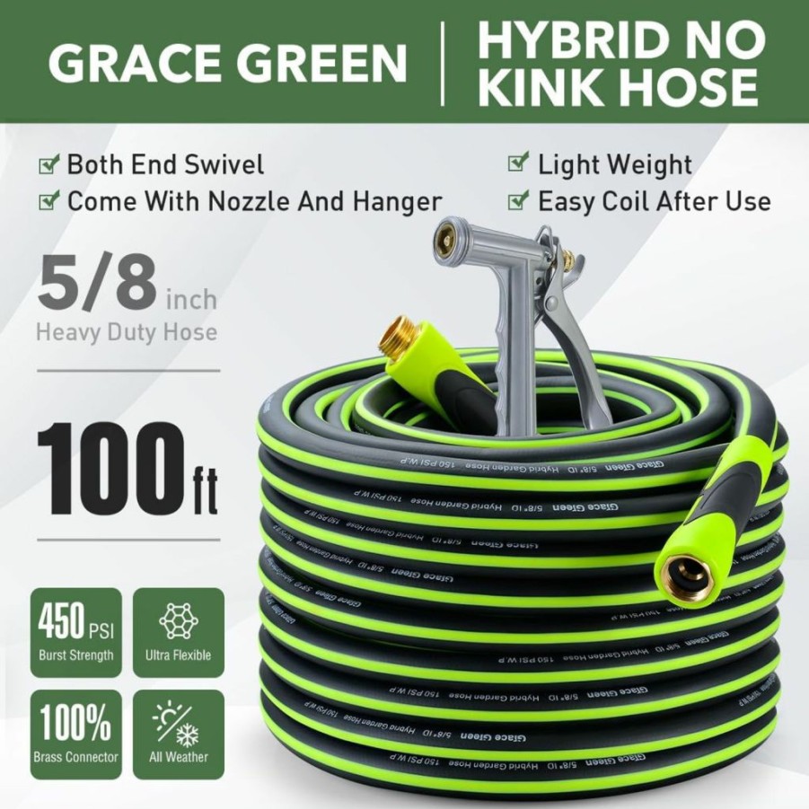 Grace Green | Grace Green Garden Hose,Hybrid 5/8 In. 50Ft Water Hose, Both End Swivel, Heavy Duty, Light Weight, Flexible