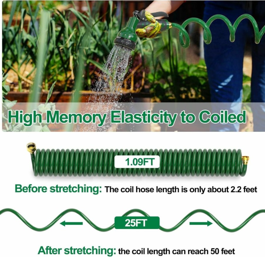 SPECILITE | Specilite Coil Garden Hose 25 Ft 3/8", Eva Flexible Water Hose With 6-Pattern Spray Nozzle,Curly Recoil Hoses,Retractable,Lightweight And No Kink Watering Hose For Boat, Greenhouse, Yard, Patio