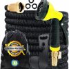 J&B | J&B Xpandahose 75Ft Expandable Garden Hose With Holder - Heavy Duty Superior Strength 3750D - 4 -Layer Latex Core - Extra Strong Brass Connectors And 10 Spray Nozzle W/Storage Bag (Green 75)