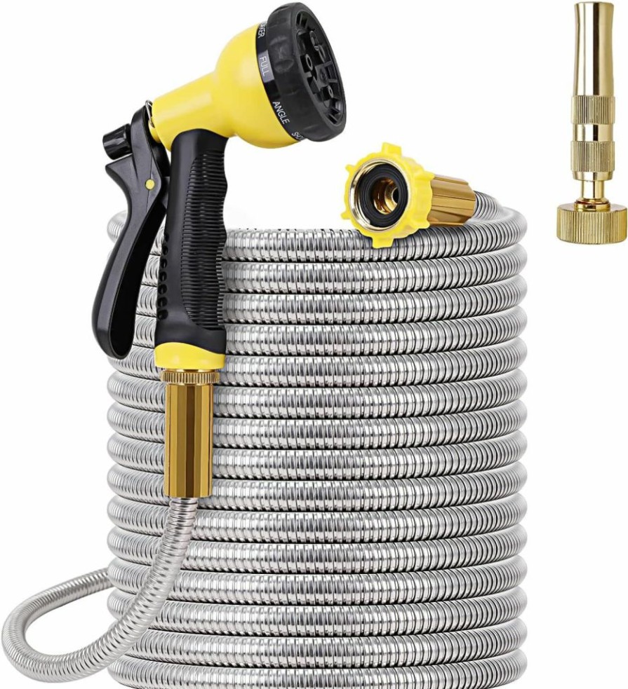 FOXEASE | Foxease Metal Garden Hose 50Ft - Stainless Steel Heavy Duty Water Hose With Metal Nozzle & 8 Function Sprayer, Portable & Lightweight Kink Free Yard Hose, Outdoor Hose