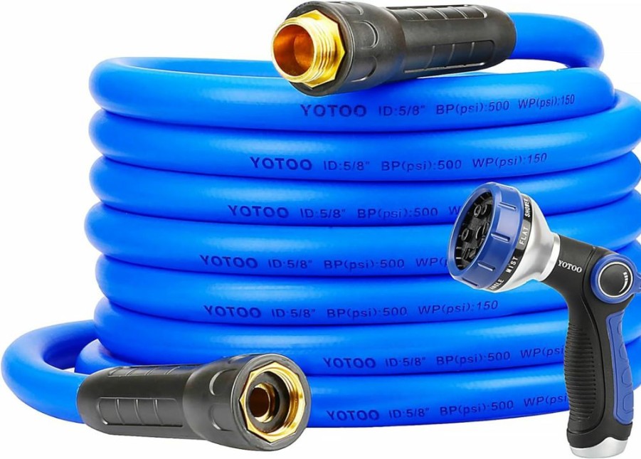 YOTOO | Yotoo Heavy Duty Hybrid Garden Water Hose 5/8-Inch By 50-Feet 150 Psi Kink Resistant, Flexible With 10 Function Spray Nozzle, Swivel Grip Handle And 3/4\" Ght Solid Brass Fittings, Blue