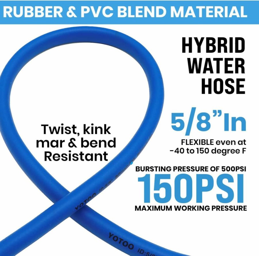 YOTOO | Yotoo Heavy Duty Hybrid Garden Water Hose 5/8-Inch By 50-Feet 150 Psi Kink Resistant, Flexible With 10 Function Spray Nozzle, Swivel Grip Handle And 3/4\" Ght Solid Brass Fittings, Blue