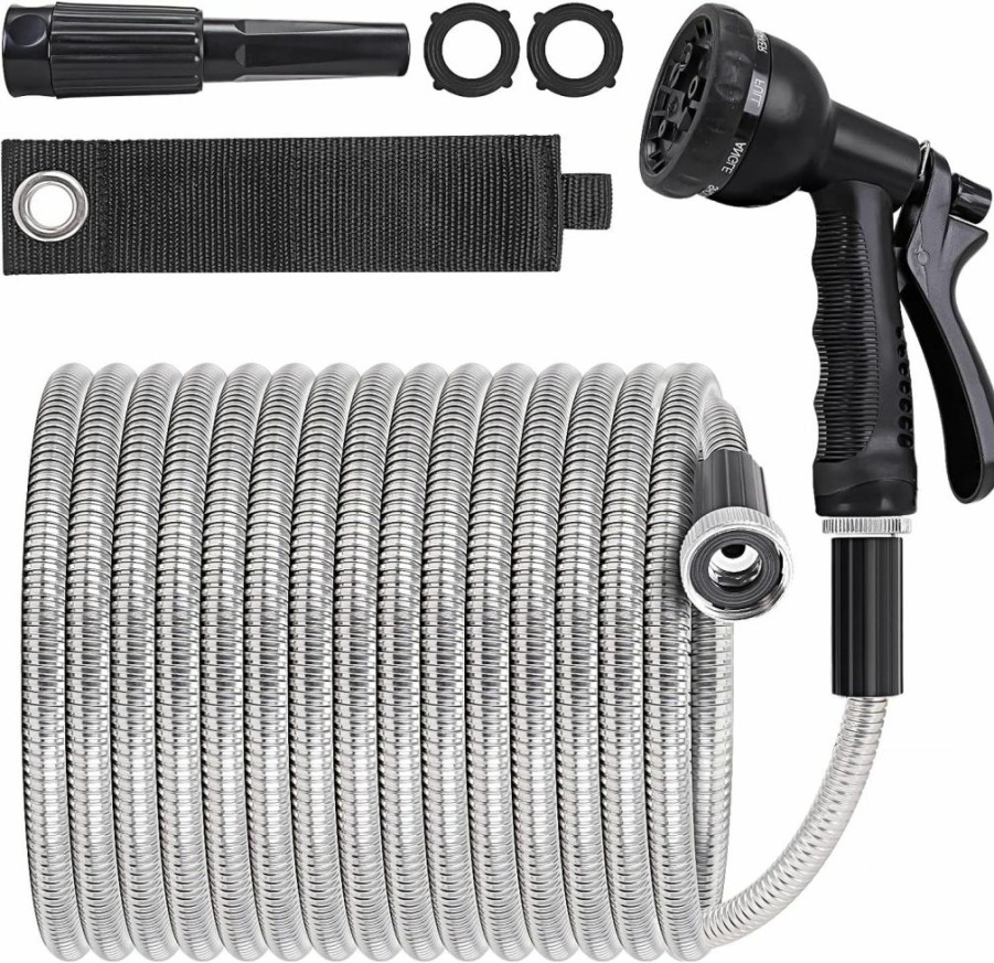 AMLEGEN | Amlegen Metal Water Garden Hose 100Ft - Heavy Duty Stainless Steel, 8-Function Sprayer & Adjustable Nozzle, Lightweight & Flexible, Tangle Free & Kink Free, Dog Proof, For Lawn/Yard/Outdoor/Rv