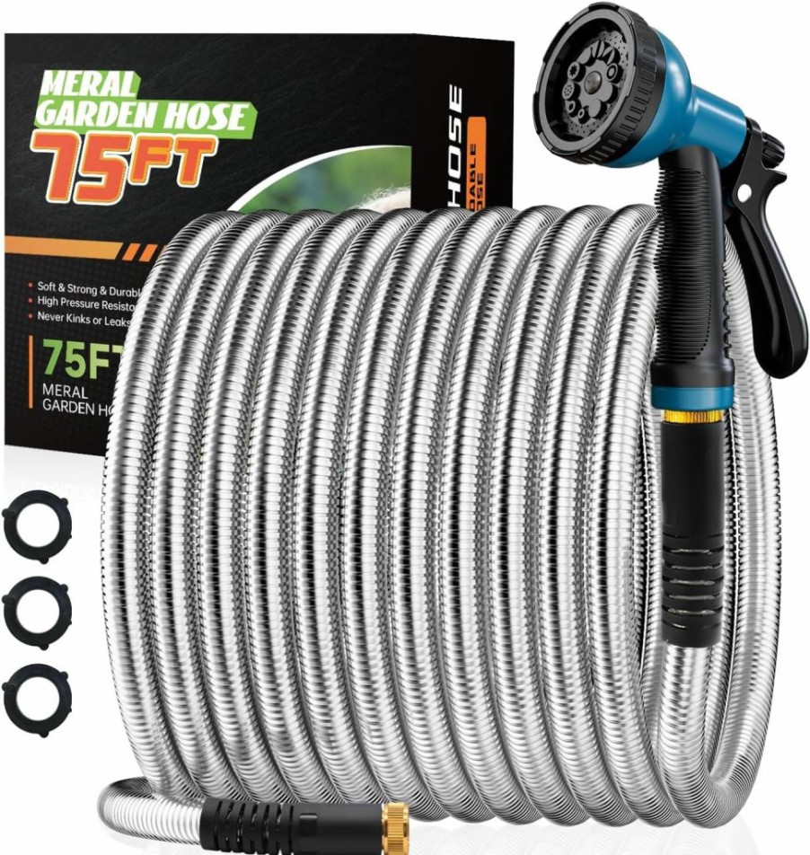 Besiter | Besiter Garden Hose 50Ft Stainless Steel Water Hose With 10 Functions Adjustable Spray Nozzle, Heavy-Duty Metal Garden Hose Flexible Durable No-Tangle & Kink Leak Dog Proof Hose For Yard Lawn(Orange)