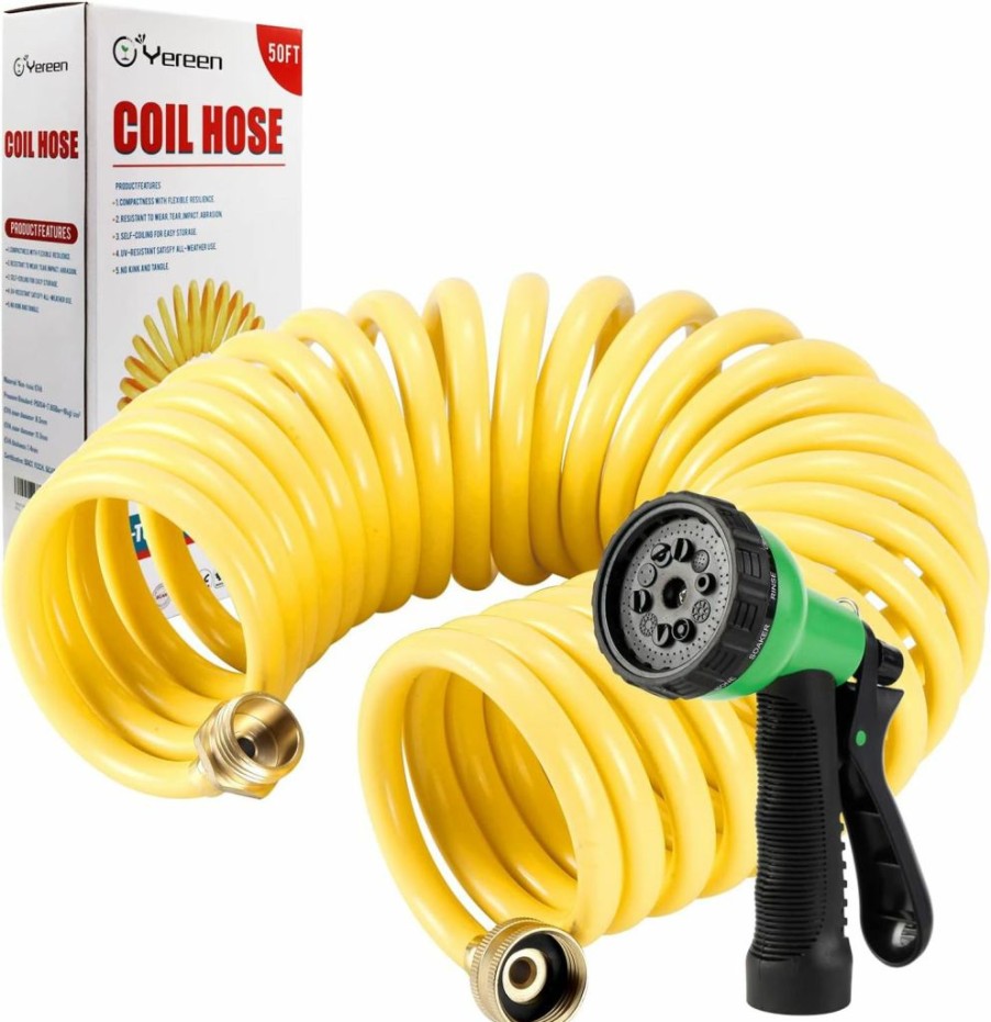 Yereen | Yereen Coil Garden Hose 50Ft, Eva Recoil Garden Hose, Self-Coiling Water Hose With 3/4\" Connector Fittings With 8 Function Spray Nozzle, Creamy Yellow