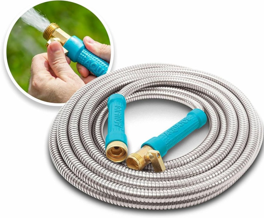 Aqua Joe | Aqua Joe Ajsgh25-Max Heavy-Duty Puncture Proof Kink-Free Garden Hose, 25-Foot, 1/2-Inch, W/Brass Fitting & On/Off Valve, Spiral Constructed 304-Stainless Steel Metal