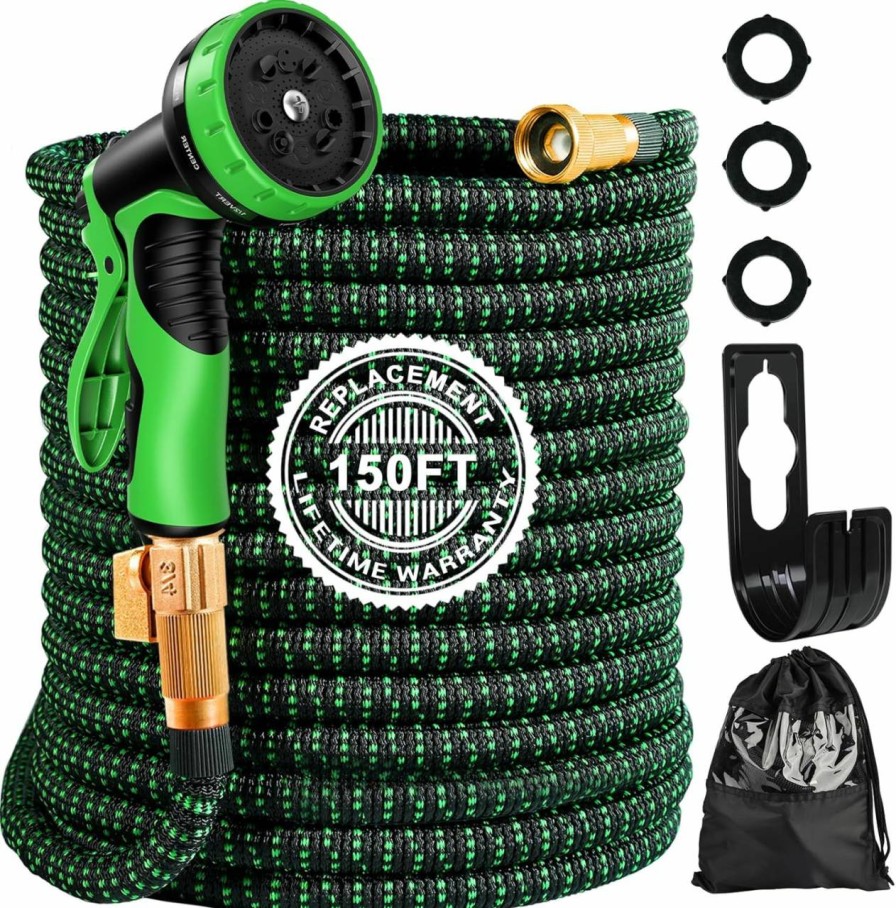 Cycodo | Expandable Garden Hose 50Ft,Water Hose With 10 Function Spray Nozzle,Lightweight & No-Kink Flexible Garden Hose,Retractable Hose With 3/4\" Solid Brass Fittings And Nano Latex Core,Leakproof(Green)