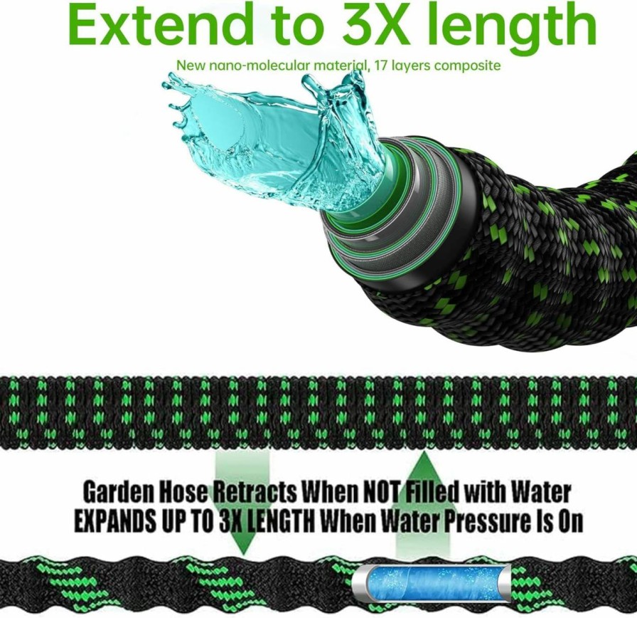 Cycodo | Expandable Garden Hose 50Ft,Water Hose With 10 Function Spray Nozzle,Lightweight & No-Kink Flexible Garden Hose,Retractable Hose With 3/4\" Solid Brass Fittings And Nano Latex Core,Leakproof(Green)