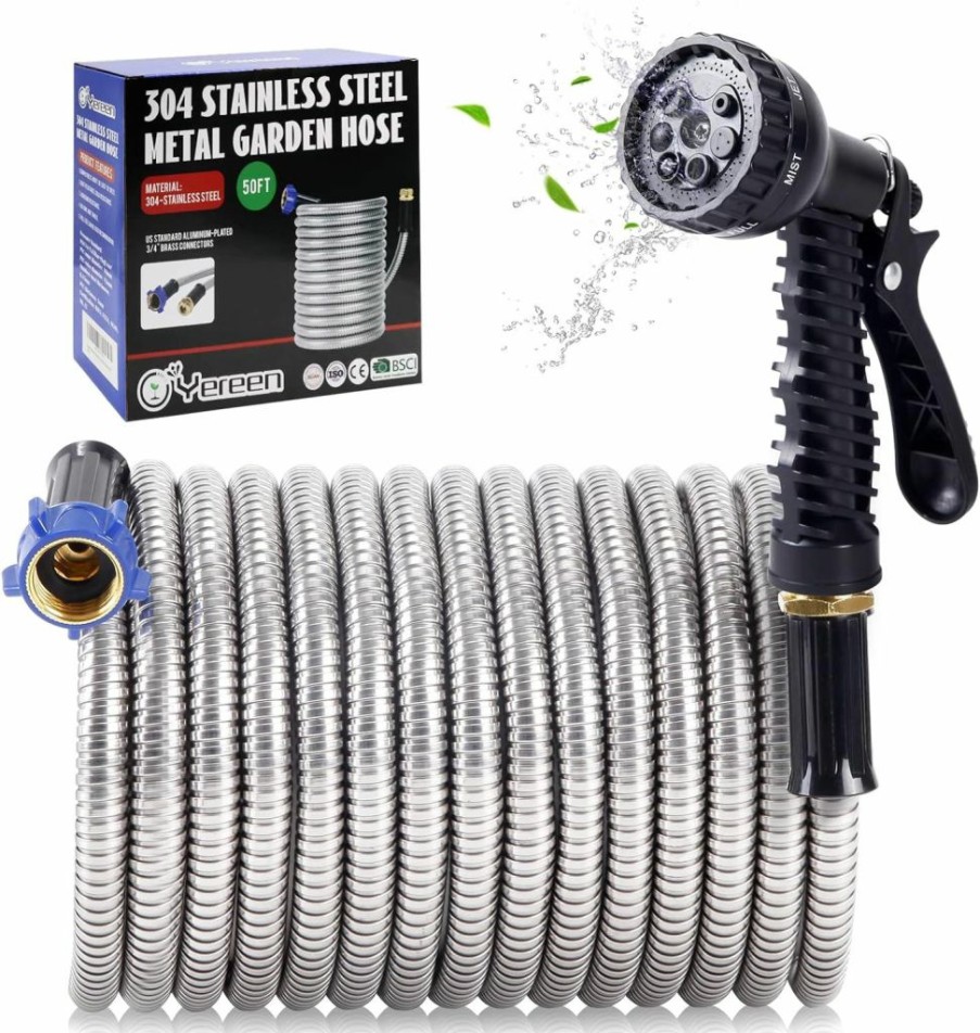 Yereen | Yereen Metal Garden Hose 75Ft, 304 Stainless Steel Garden Hose With 3/4\" Connector Fittings, Kink Free Flexible Lightweight Outdoor Water Hose