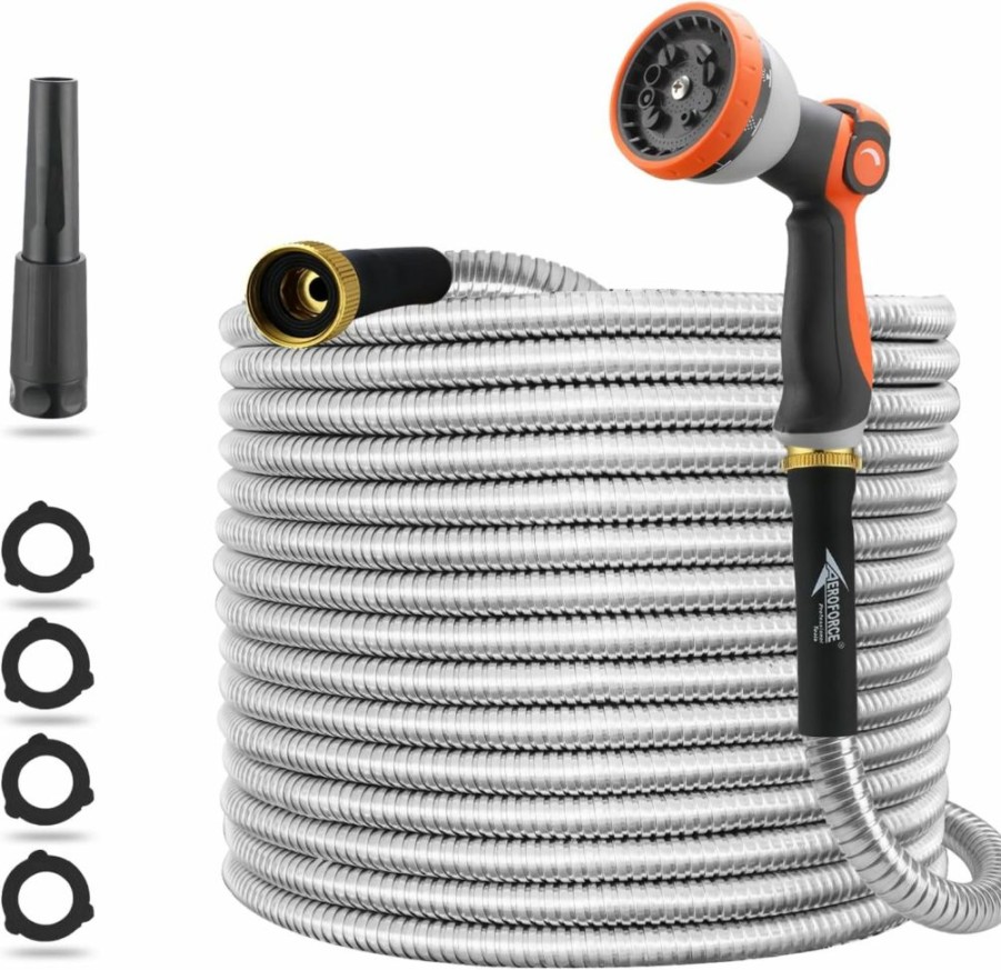 AEROFORCE Professional Tools | Aeroforce 25Ft 304 Stainless Steel Garden Hose Metal, Heavy Duty Water Hoses With 10 Function Sprayer & Nozzles, Outdoor - Flexible, Never Kink & Tangle, Puncture Resistant