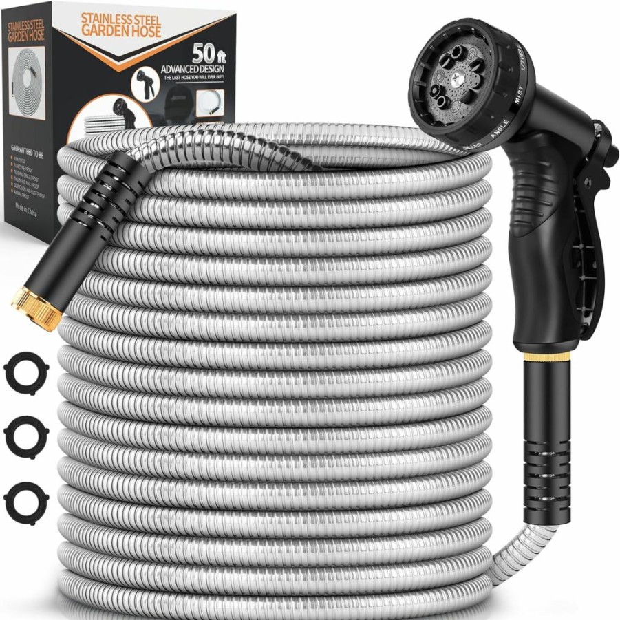 Tuzoc | Metal Garden Hose 100Ft, Stainless Steel Heavy Duty Water Hose With 10 Function Nozzle, No-Tangle & No-Kink, Tough & Flexible, Durable And Lightweight, Rust Proof For Yard, Outdoor, Rv