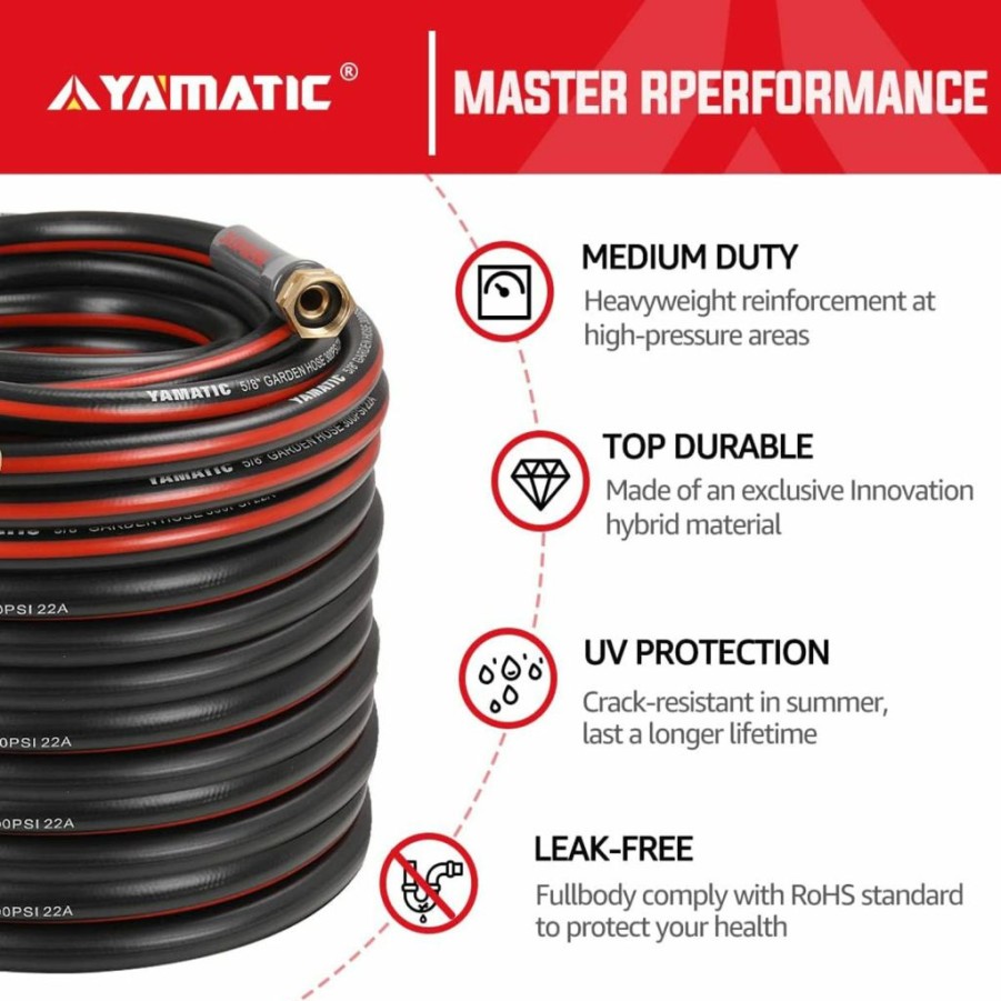 YAMATIC | Yamatic Garden Hose 50 Ft,Ultra Durable Water Hose, 5/8 Inch Regular Hose With Solid Brass Connector For All-Weather Outdoor, Car Wash, Lawn, Black