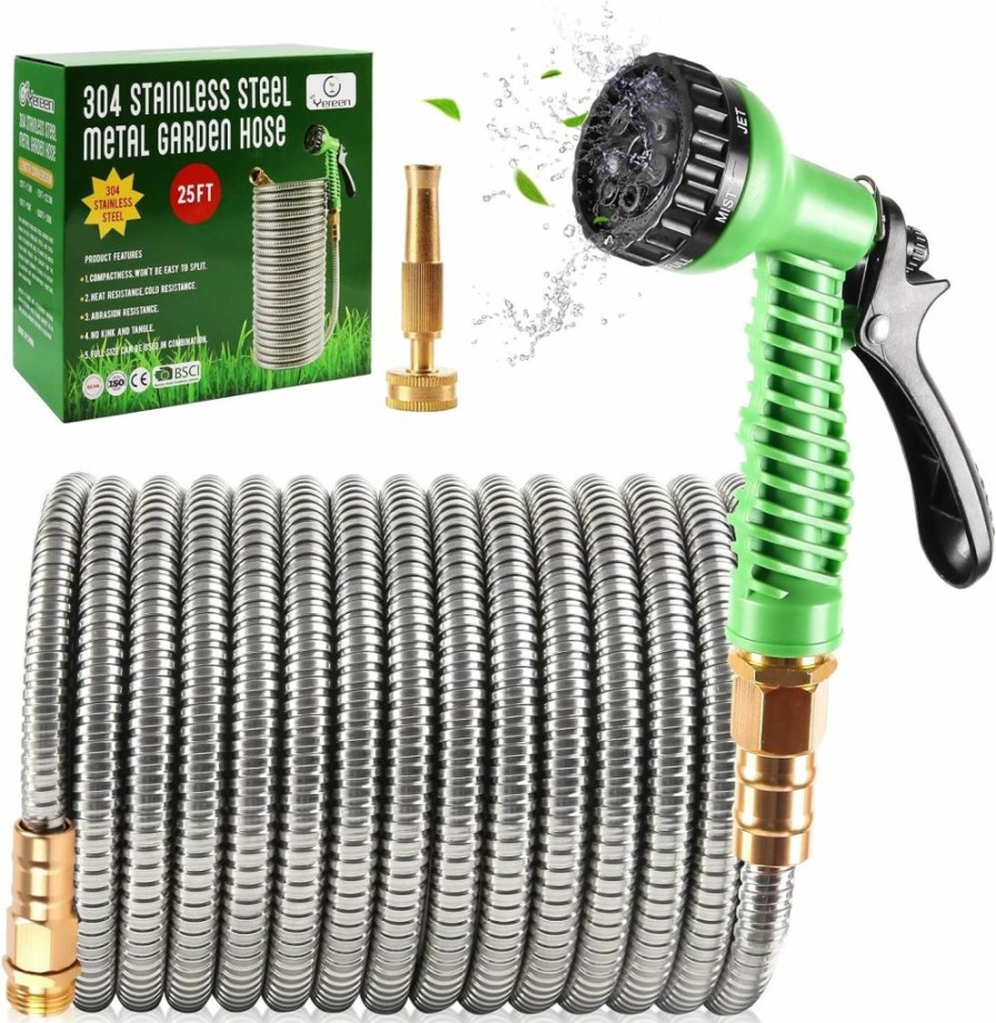 Yereen | Yereen Metal Garden Hose 25Ft, 304 Stainless Steel Garden Hose With 3/4\" Fittings And 2 Function Nozzle, Kink Free Flexible Outdoor Water Hose