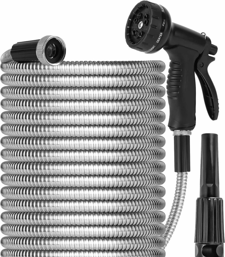 Ainpota | Garden Hose Water Hose 100Ft 304 Metal Stainless Steel Water Pipe With 10 Function Sprayer & Metal Fittings Flexible Lightweight Hose Puncture Proof Hose For Yard, Outdoors, Rv