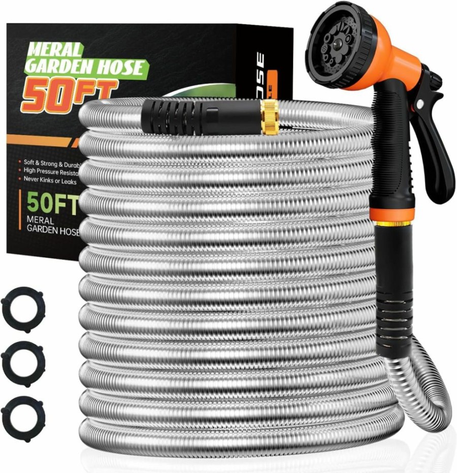 Besiter | Besiter Garden Hose 100Ft Stainless Steel Water Hose With 10 Functions Adjustable Spray Nozzle, Heavy-Duty Metal Garden Hose Flexible Durable No-Tangle & Kink Leak Dog Proof Hose For Yard Lawn(Orange)