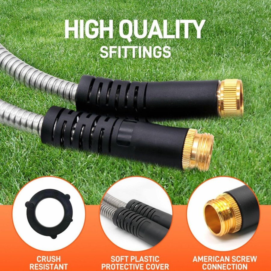 Besiter | Besiter Garden Hose 100Ft Stainless Steel Water Hose With 10 Functions Adjustable Spray Nozzle, Heavy-Duty Metal Garden Hose Flexible Durable No-Tangle & Kink Leak Dog Proof Hose For Yard Lawn(Orange)