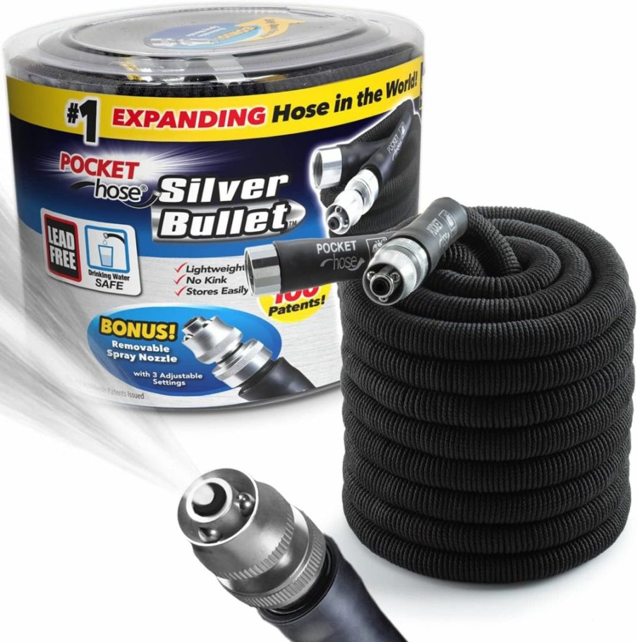 BulbHead | Pocket Hose Silver Bullet 75 Ft Turbo Shot Nozzle Multiple Spray Patterns Expandable Garden Hose 3/4 In Solid Aluminum Fittings Lead-Free Lightweight And No-Kink