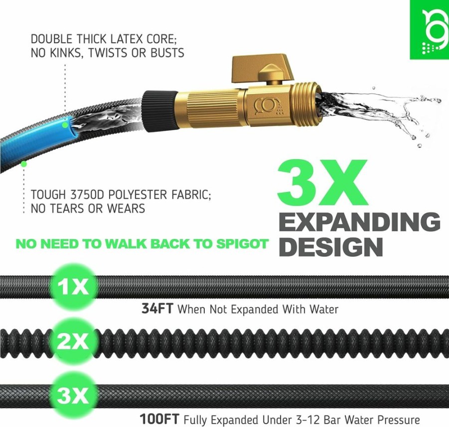 Nifty Grower | Nifty Grower Expandable Garden Hose 100Ft - Hoses Expandable 100 Ft Heavy Duty With Double Latex Core - 100 Foot Hose With Brass Fittings - Collapsible Hose 100Ft - No-Kink Expanding Hose 100 Ft