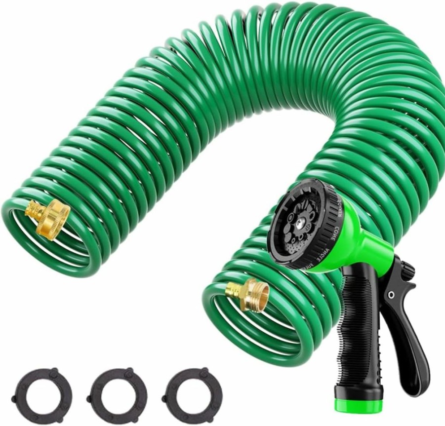 Besiter | Besiter Coil Hose 50Ft,Eva Recoil Garden Hose Brass Connector,Coiled Water Hose Lightweight And No Kink Includes 10 Patterns Spray Nozzle For Outdoors Lawn Watering,Car Washing Orange