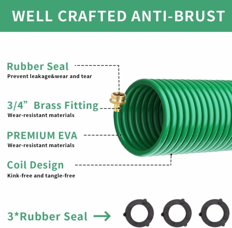 Besiter | Besiter Coil Hose 50Ft,Eva Recoil Garden Hose Brass Connector,Coiled Water Hose Lightweight And No Kink Includes 10 Patterns Spray Nozzle For Outdoors Lawn Watering,Car Washing Orange