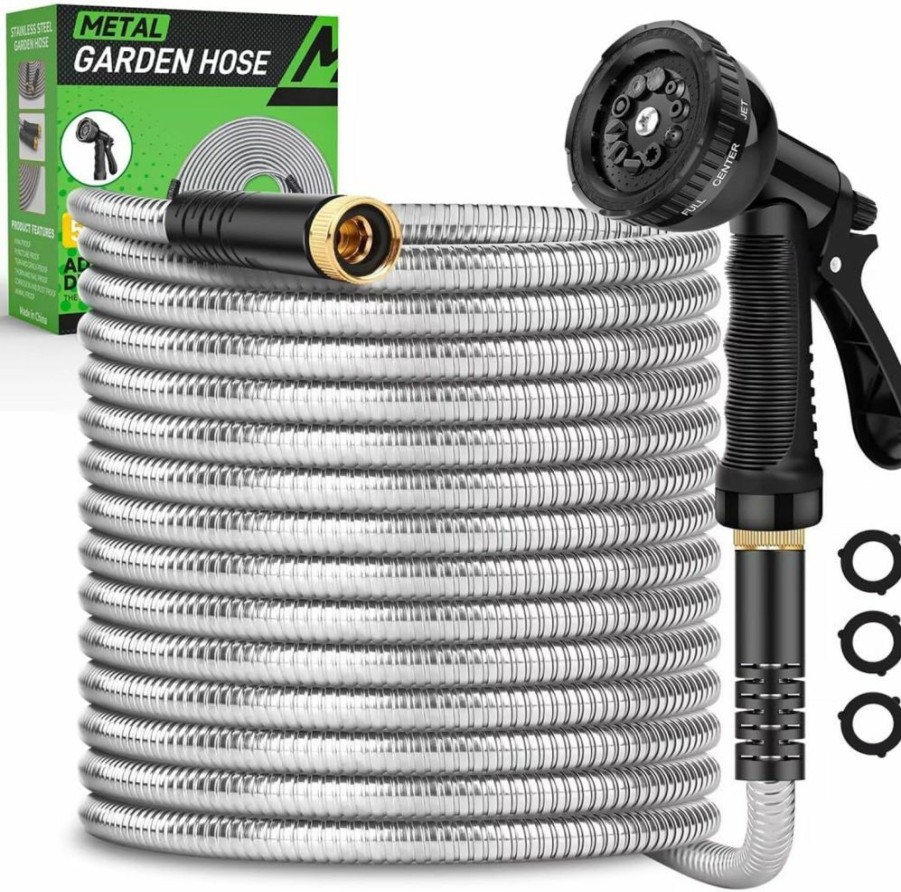 Kebose | Metal Garden Hose 50Ft, Heavy Duty Stainless Steel Water Hose With 10 Functional Nozzles, No Kink, Lightweight And Flexible, Easy To Use And Store, Strong And Durable, Suitable For Yard And Lawn