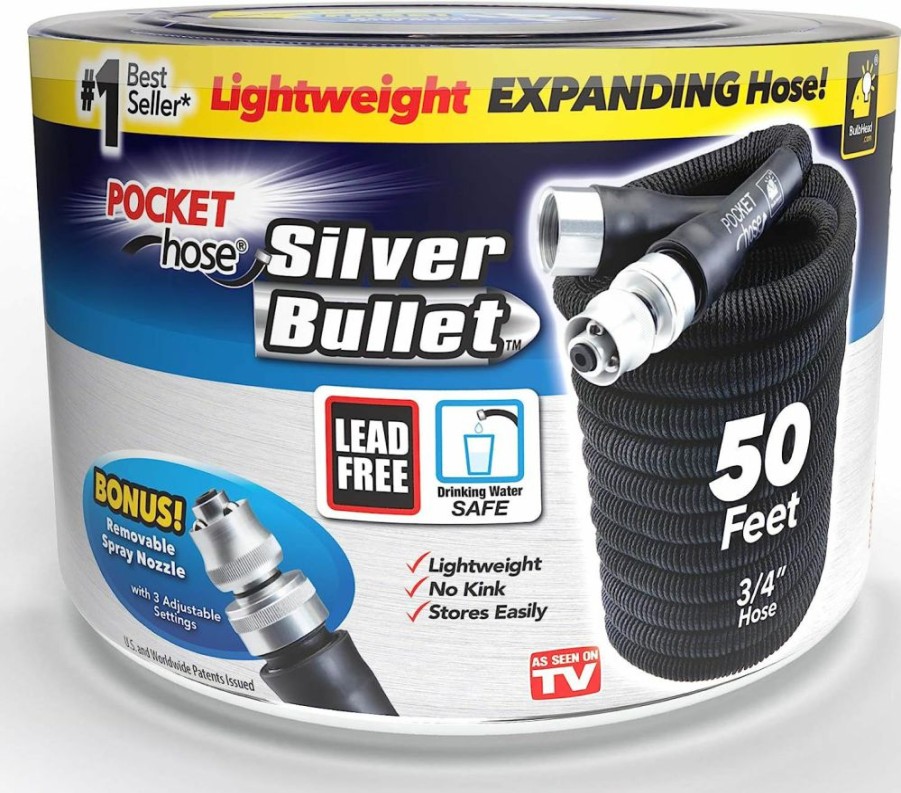 Pocket Hose | Pocket Hose Silver Bullet 50 Ft Turbo Shot Nozzle Multiple Spray Patterns Expandable Garden Hose 3/4 In Solid Aluminum Fittings Lead-Free Lightweight And No-Kink