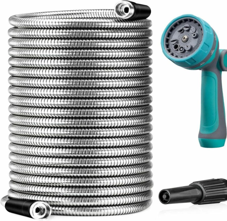 LOOHUU | Loohuu Metal Garden Hose 50Ft - Stainless Steel Heavy Duty Water Hose With 10 Function Nozzle - Flexible, No Kink, Puncture Proof,Large Diameter Hose For Yard, Outdoors