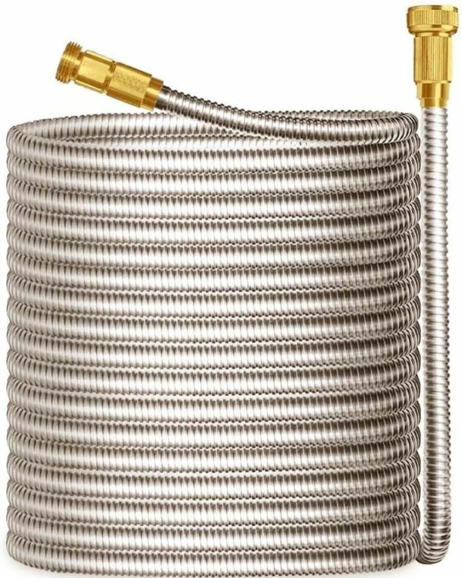 FangFarm | Fangfarm 304 Stainless Steel Metal Garden Hose With Brass Fittings, Heavy Duty Water Hose, Kink Free And Flexible, Crush Resistant, Puncture Resistant (Stainless Steel Hose, 3Ft)